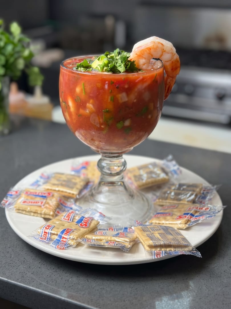 Shrimp cocktail in a goblet, garnished with cilantro and avocado, served with crackers on a white plate.