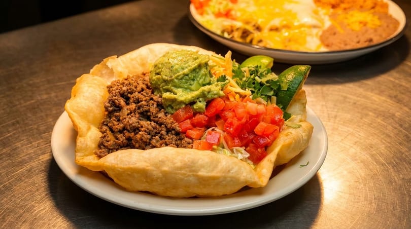 A taco salad in a fried tortilla bowl with ground beef, guacamole, tomatoes, and lime.