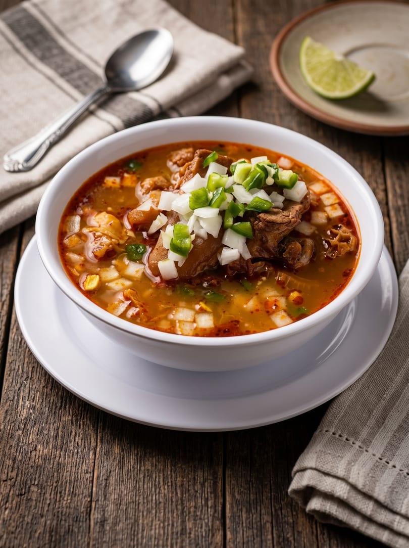 A bowl of menudo soup with diced onions and green peppers, a spoon, and a lime wedge.
